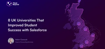 A stylized map of the UK highlighting eight universities that enhanced student success with Salesforce, featuring icons of buildings.