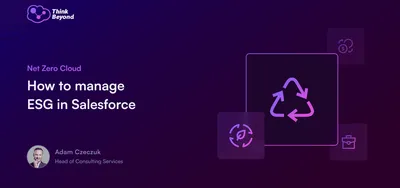 Title card for a blogpost on managing ESG in Salesforce, featuring a recycling symbol and icons for sustainability and business.