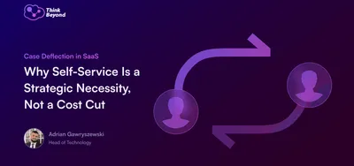 Graphic illustrating case deflection in SaaS, featuring two user icons and arrows, with text on self-service strategy.