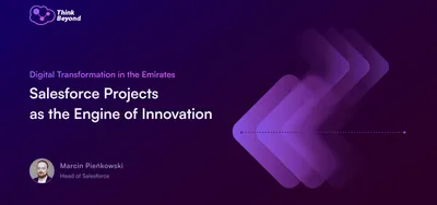 A graphic featuring a purple gradient background with dynamic arrows, a title about Salesforce implementation UAE, and a speaker's name.