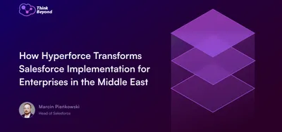 A vibrant graphic featuring layered geometric shapes with text discussing Hyperforce's impact on Salesforce in the Middle East.