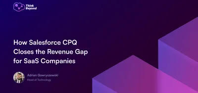 Graphic featuring the title 'How Salesforce CPQ Closes the Revenue Gap for SaaS Companies' with a purple gradient background.