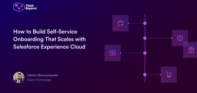 Infographic titled 'How to Build Self-Service Onboarding' featuring icons and a flowchart related to Salesforce Experience Cloud.