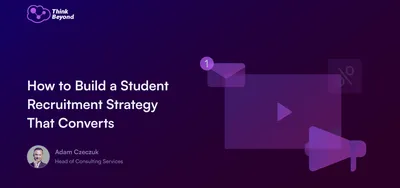 Graphic promoting a blog post on building a student recruitment strategy, featuring text and icons on a purple background.