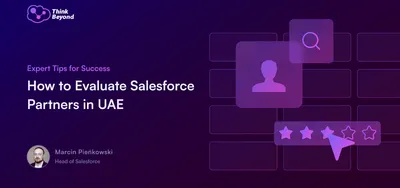 Graphic promoting expert tips on evaluating Salesforce partners in UAE, featuring icons of search and rating.