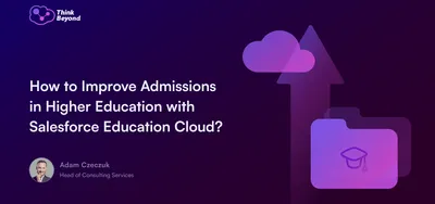 Graphic featuring a question about improving admissions in higher education with Salesforce Education Cloud, alongside a speech bubble and icons.