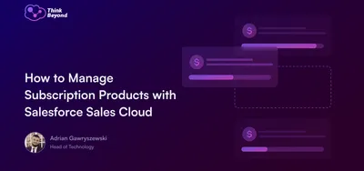 Graphic showing subscription product management with Salesforce Sales Cloud, featuring dollar signs and progress bars.
