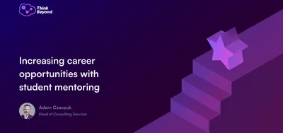 Graphic promoting student mentoring to enhance career opportunities, featuring a staircase and a star icon, alongside a speaker's details.