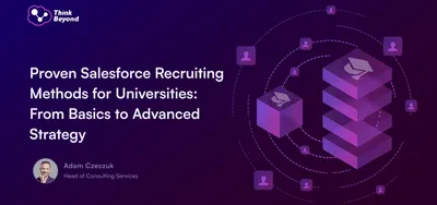 Graphic featuring a title on Salesforce recruiting methods for universities, with a modern design of purple cubes and user icons.