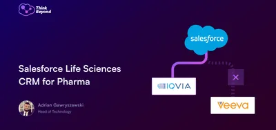 Graphic showcasing "Salesforce Life Sciences CRM for Pharma" with logos for Salesforce, IQVIA, and Veeva on a gradient background.