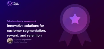 A dark purple background featuring a badge with a star, and text about Salesforce loyalty management solutions by Adrian Gawryszewski.