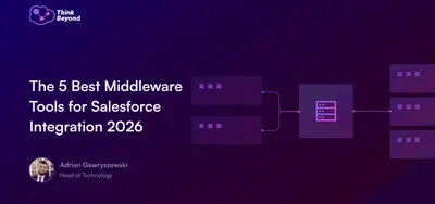 Infographic titled 'The 5 Best Middleware Tools for Salesforce Integration 2026' with a central server graphic and connecting lines.