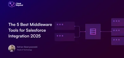 Purple gradient background featuring the text "The 5 Best Middleware Tools for Salesforce Integration 2025" alongside abstract data flow illustrations.