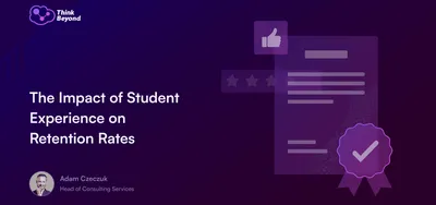 Graphic illustrating the impact of student experience on retention rates, featuring a document, thumbs up, and a badge.