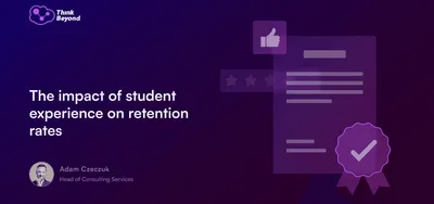 Graphic titled "The impact of student experience on retention rates," featuring a like icon and a checkmark, with speaker details below.