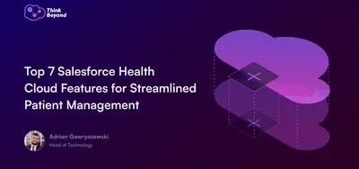 Graphic promoting Salesforce Health Cloud, highlighting features for patient management, with a logo and text on a dark gradient background.