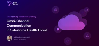 Graphic promoting a discussion on "Omni-Channel Communication in Salesforce Health Cloud", showcasing a cloud theme.