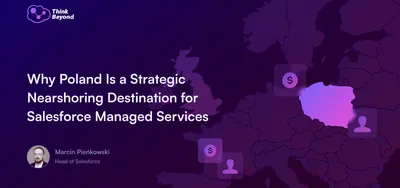 Infographic highlighting Poland as a nearshoring destination for Salesforce managed services, featuring a map of Europe.