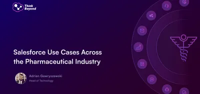 Title slide for a presentation on Salesforce use cases in the pharmaceutical industry, featuring a healthcare symbol and technology motifs.