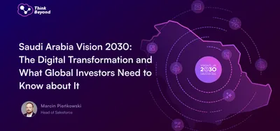 Image featuring a purple and white graphic that includes various circles and text. The text reads: Saudi Arabia Vision 2030: The Digital Transformation and What Global Investors Need to Know about It.