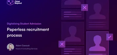 Digitalizing Student Admission: A digital graphic featuring a purple background, emphasizing paperless recruitment in student admissions, with listings and check marks.
