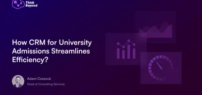 Graphic explaining how CRM streamlines university admissions, featuring charts and a timer, with a professional's name and title below.