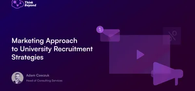 Title slide for a presentation on marketing strategies for university recruitment featuring speaker details and design elements.