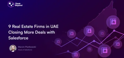 A graphic featuring the UAE map with house icons and a data trend line, promoting real estate success with Salesforce.