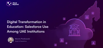 A graphic displaying a cloud with an educational institution icon, surrounded by avatars and showcasing digital transformation in UAE education.