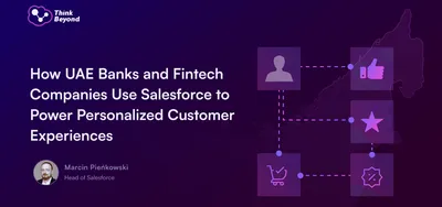 Graphic with a dark purple background featuring the title about UAE banks and fintech using Salesforce for personalized experiences. Icons represent customer interactions.