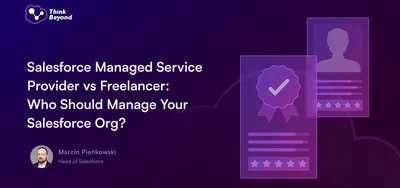 Graphic highlighting the debate between using a Salesforce Managed Service Provider or a freelancer for managing Salesforce organizations.