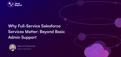 A promotional graphic highlighting the importance of full-service Salesforce services, with abstract cloud shapes and branding elements.