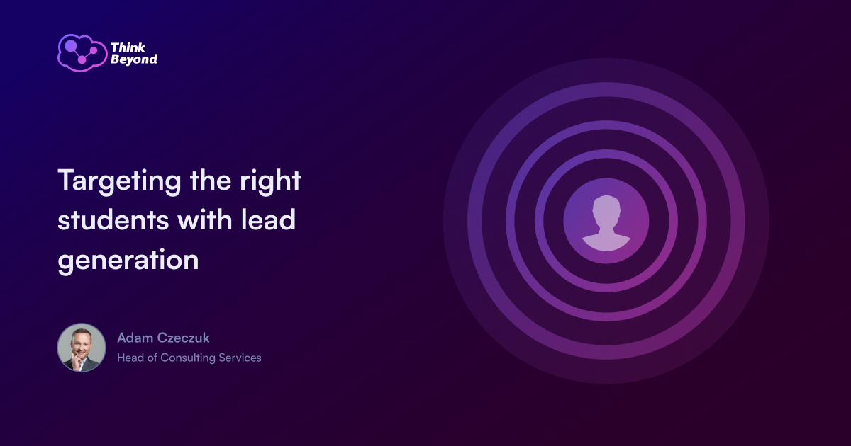 Purple-themed slide titled "Targeting the right students with lead generation" by Adam Czeczuk, Head of Consulting Services, with concentric circles and user icon.