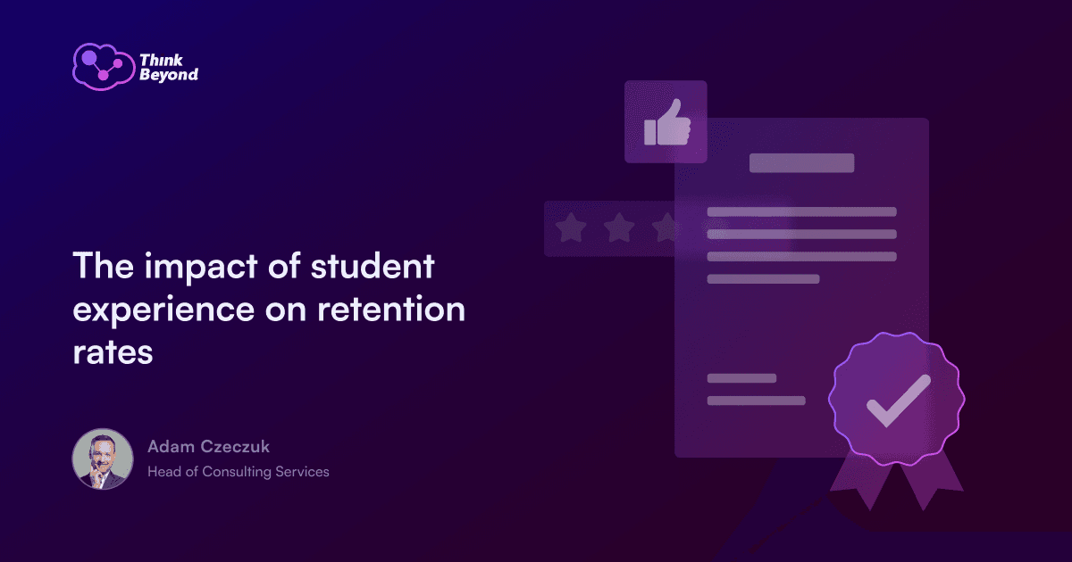 Graphic titled "The impact of student experience on retention rates," featuring a like icon and a checkmark, with speaker details below.