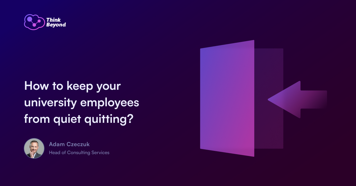 Illustration featuring a gradient background with text asking how to prevent university employees from quiet quitting.