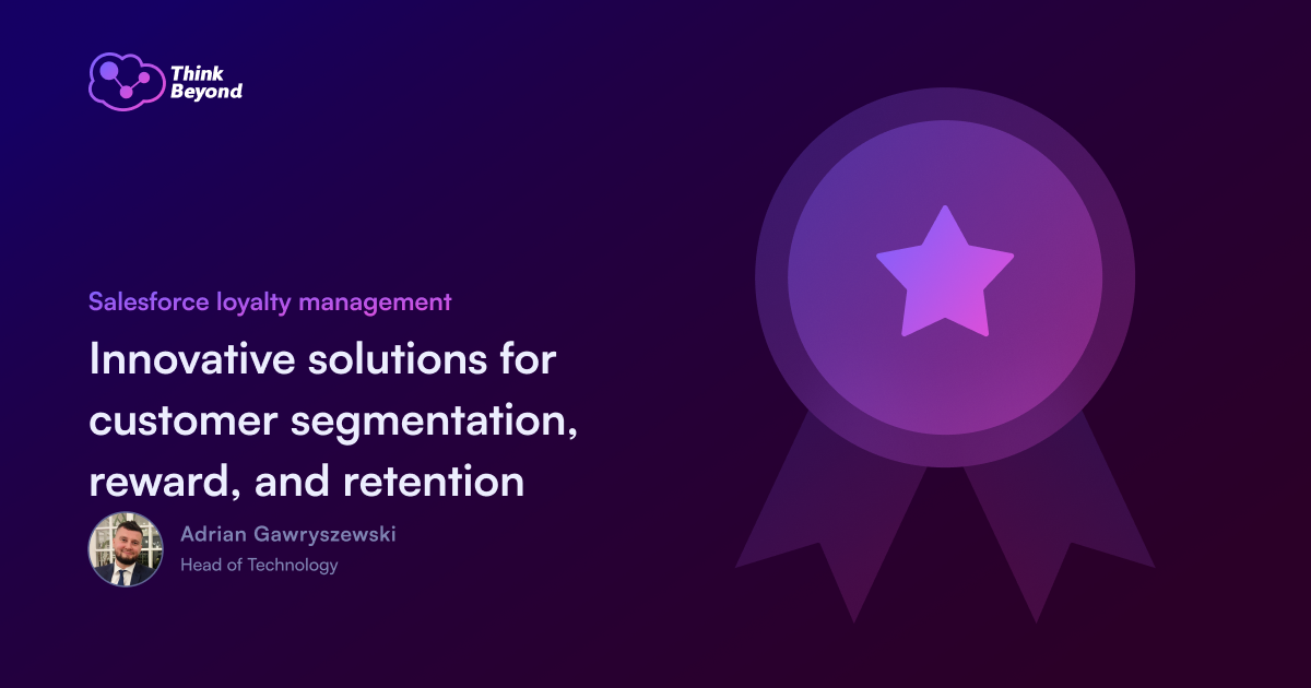 A dark purple background featuring a badge with a star, and text about Salesforce loyalty management solutions by Adrian Gawryszewski.