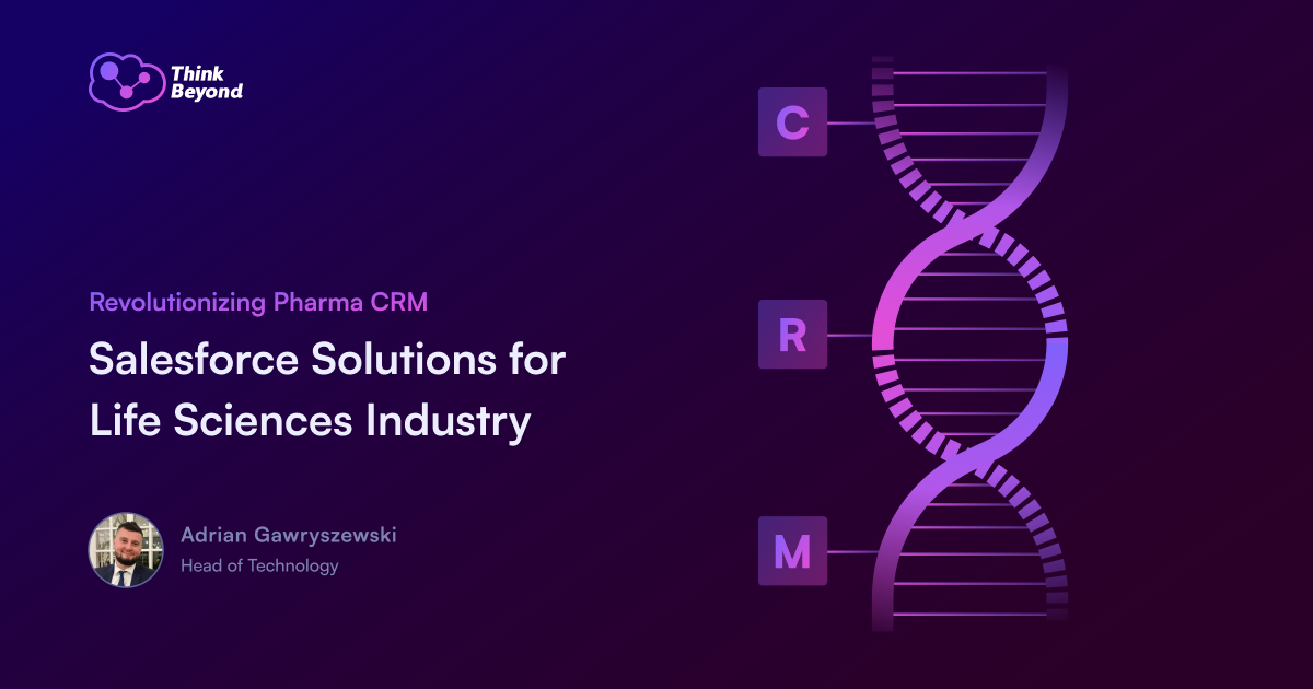 Graphic highlighting Salesforce solutions for the life sciences industry, featuring a DNA motif and the text "Revolutionizing Pharma CRM."