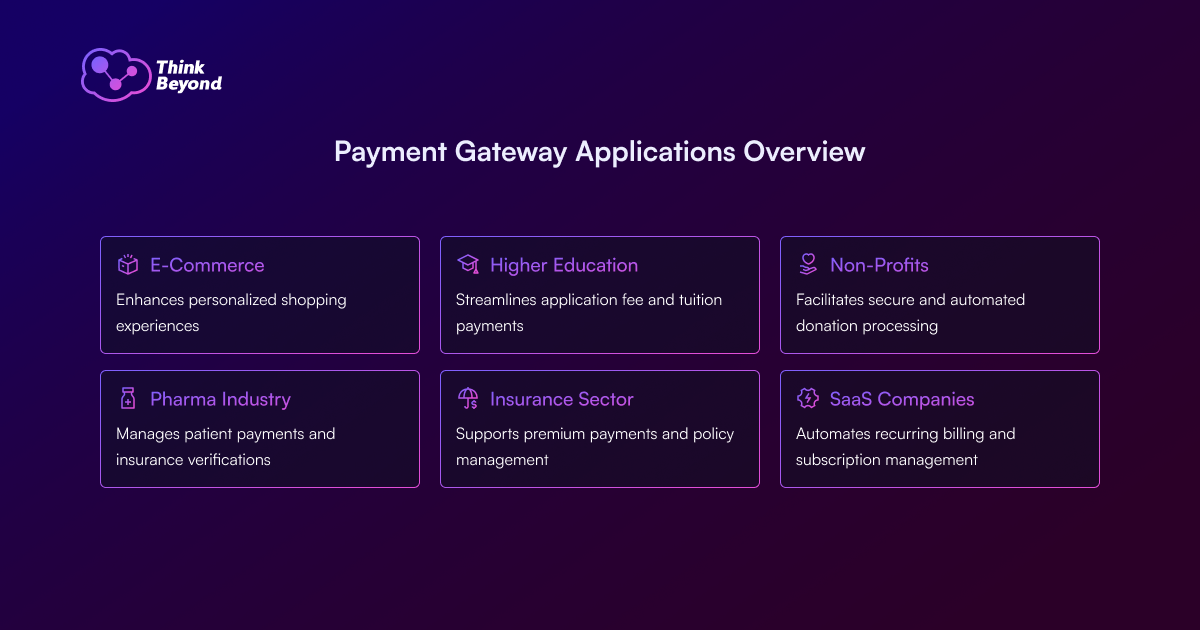 Overview of payment gateway applications across various sectors including e-commerce, education, non-profits, pharma, insurance, and SaaS.
