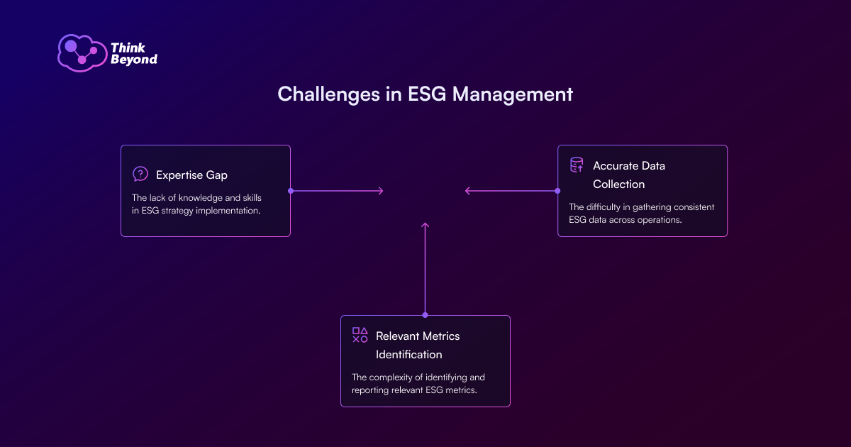 Graphic outlining ESG management challenges: expertise gap, data collection difficulties, and identifying relevant metrics.