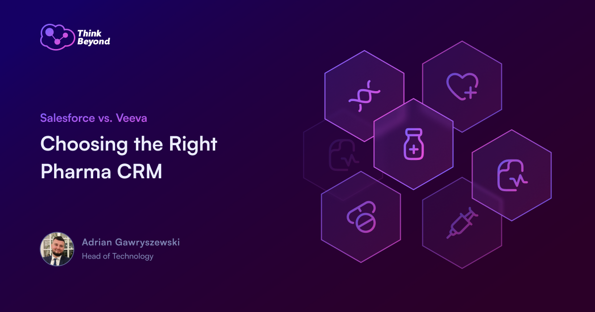Title slide for a presentation comparing Salesforce and Veeva, focusing on selecting the right CRM for the pharmaceutical industry.