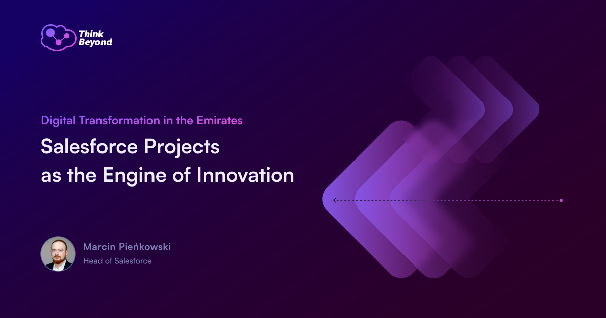 A graphic featuring a purple gradient background with dynamic arrows, a title about Salesforce implementation UAE, and a speaker's name.