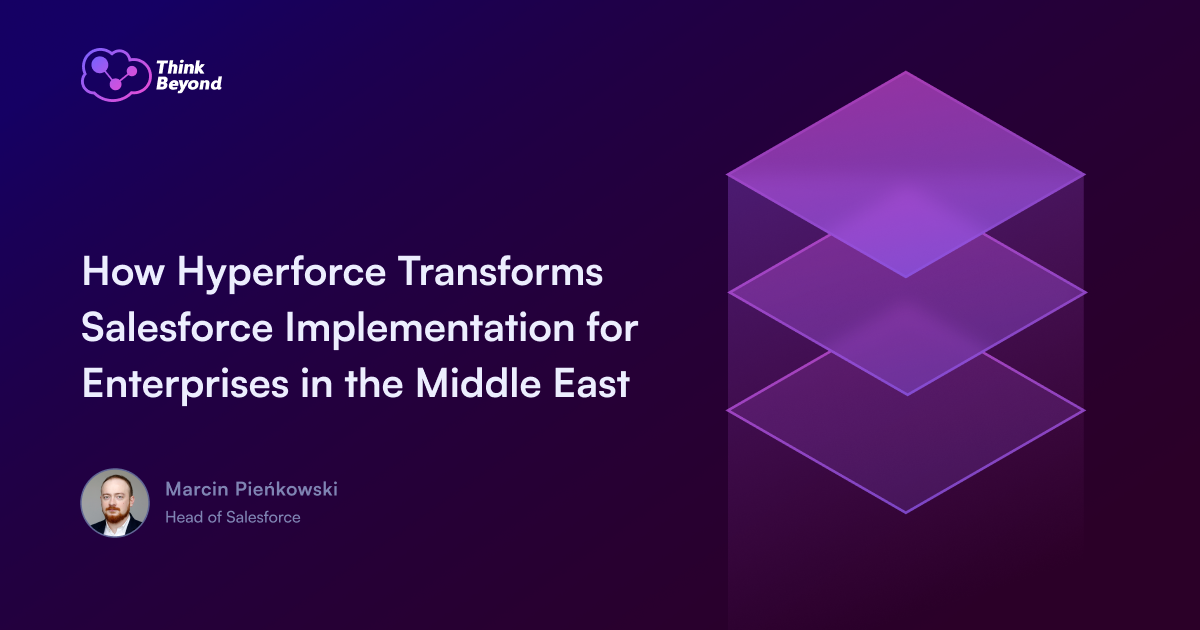 A vibrant graphic featuring layered geometric shapes with text discussing Hyperforce's impact on Salesforce in the Middle East.