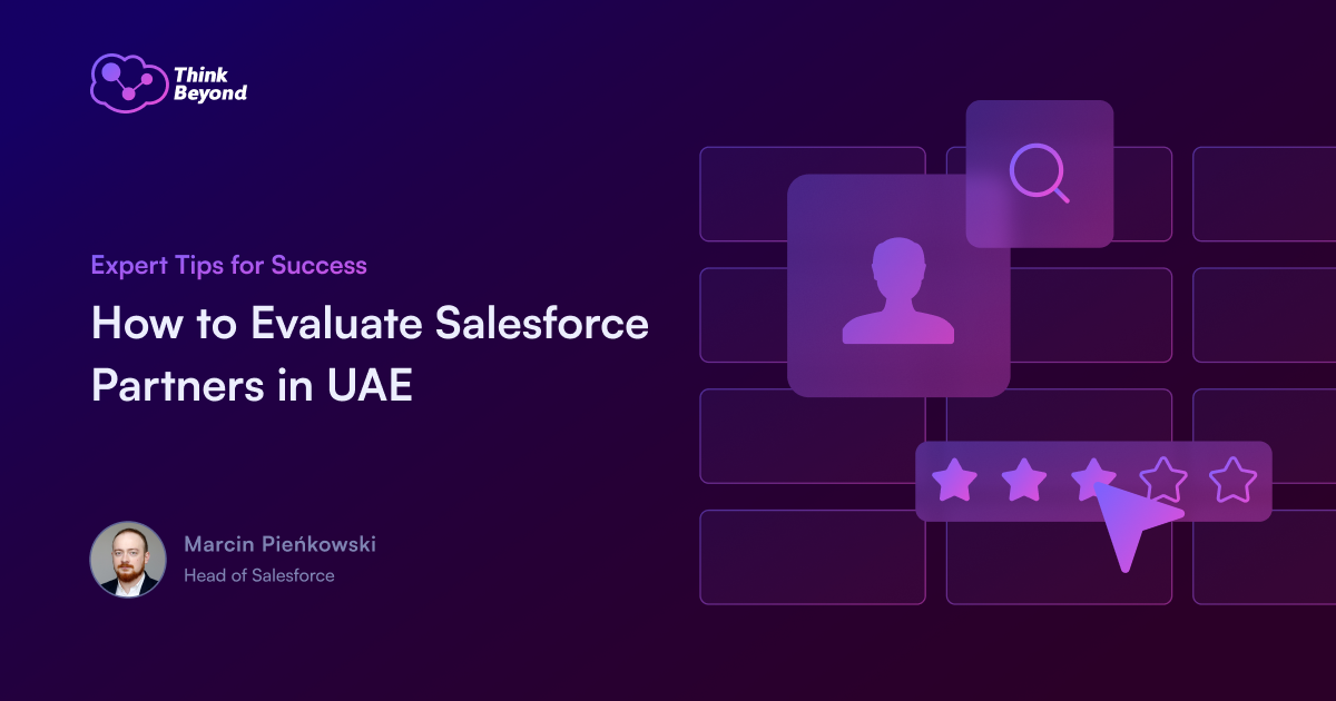 Graphic promoting expert tips on evaluating Salesforce partners in UAE, featuring icons of search and rating.