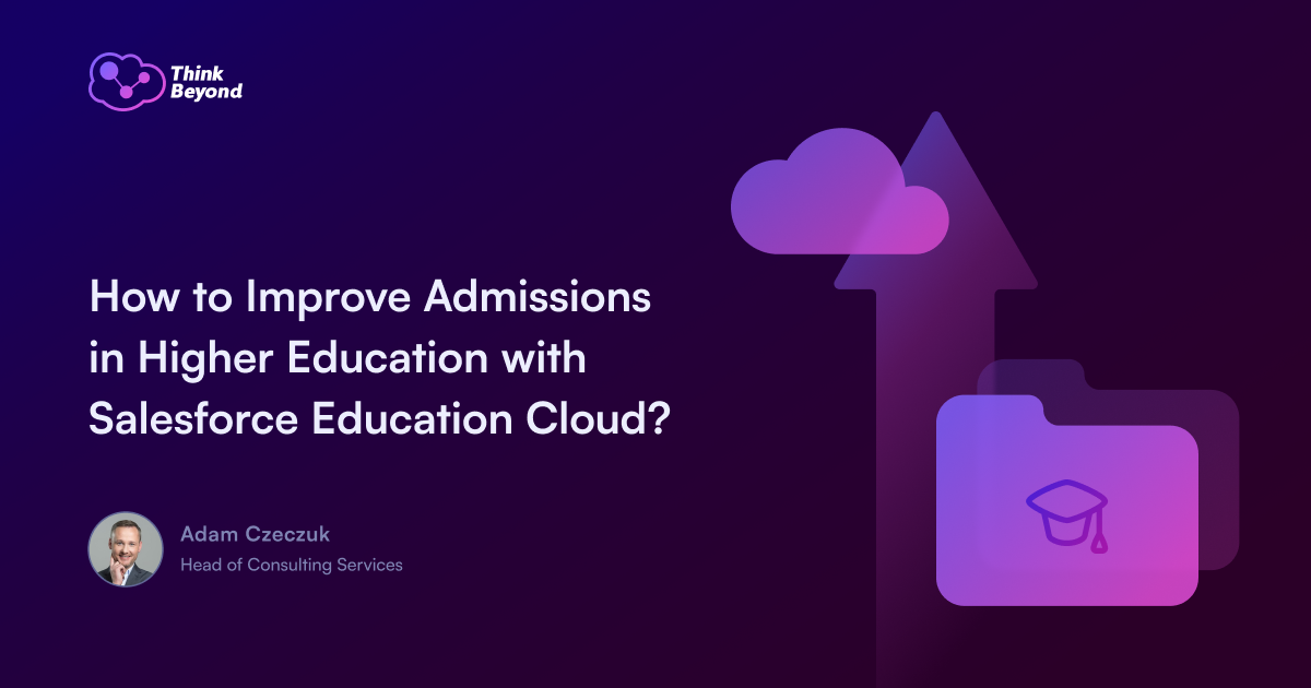 Graphic featuring a question about improving admissions in higher education with Salesforce Education Cloud, alongside a speech bubble and icons.
