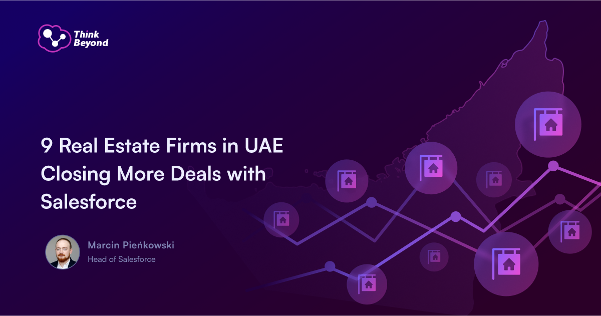 A graphic featuring the UAE map with house icons and a data trend line, promoting real estate success with Salesforce.