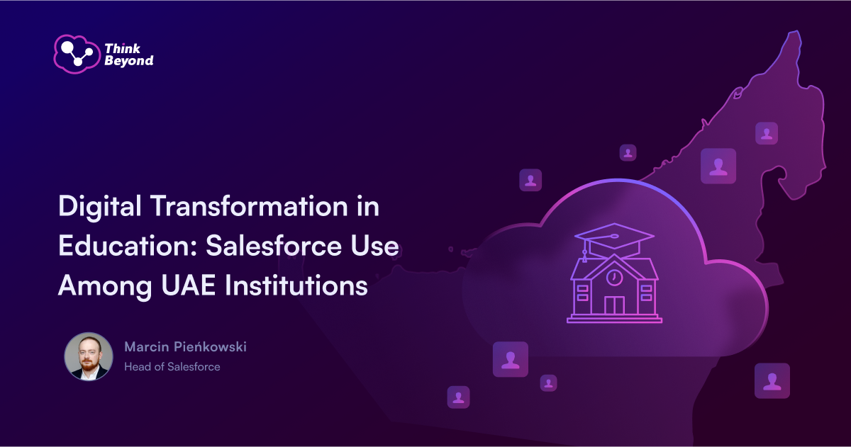 A graphic displaying a cloud with an educational institution icon, surrounded by avatars and showcasing digital transformation in UAE education.