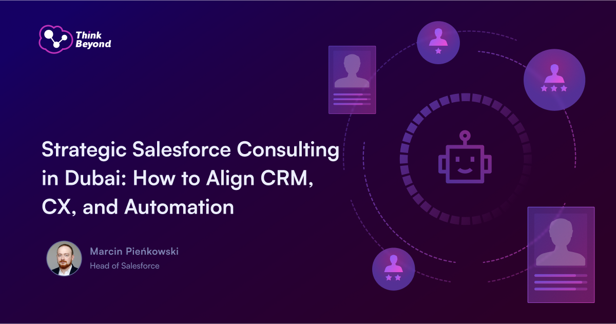 Graphical presentation titled "Strategic Salesforce Consulting in Dubai" highlighting CRM, CX, and automation with illustrations of users and a robot.