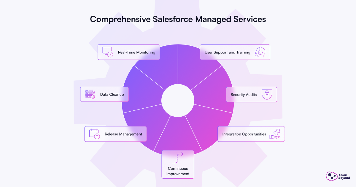 A graphic showcasing comprehensive Salesforce managed services, highlighting key areas like data cleanup, monitoring, and user support.