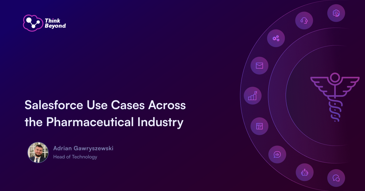 Title slide for a presentation on Salesforce use cases in the pharmaceutical industry, featuring a healthcare symbol and technology motifs.