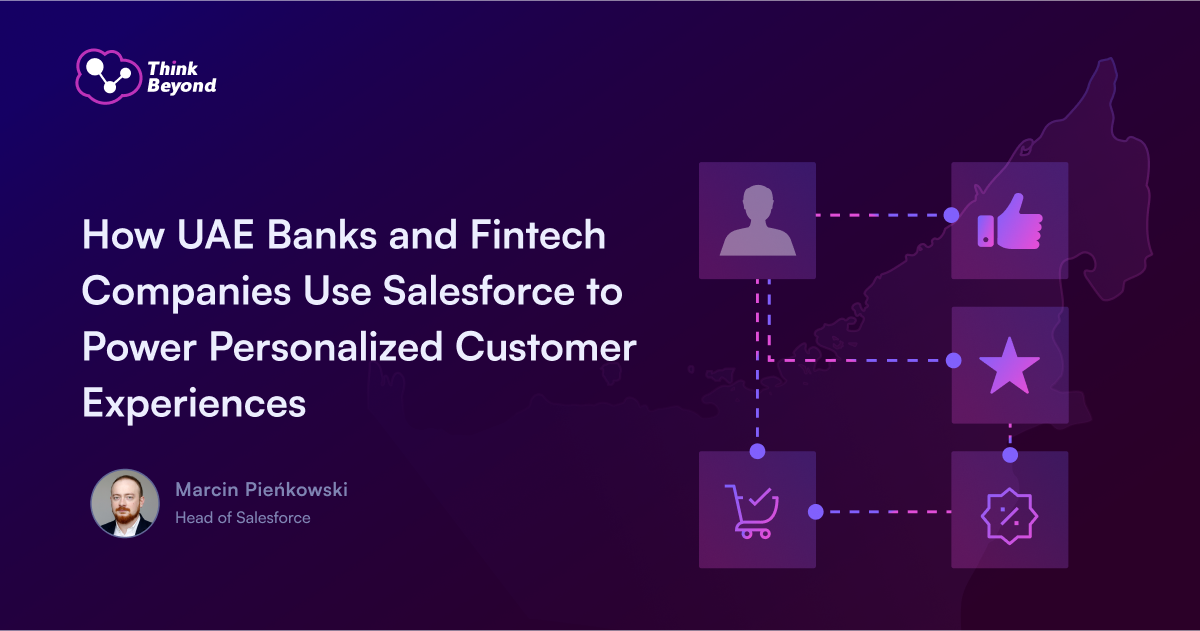 Graphic with a dark purple background featuring the title about UAE banks and fintech using Salesforce for personalized experiences. Icons represent customer interactions.